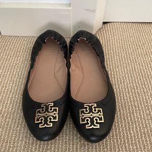 Tory Burch Melinda Ballet Flats Black Leather/Gold Women’s US Size 8.5